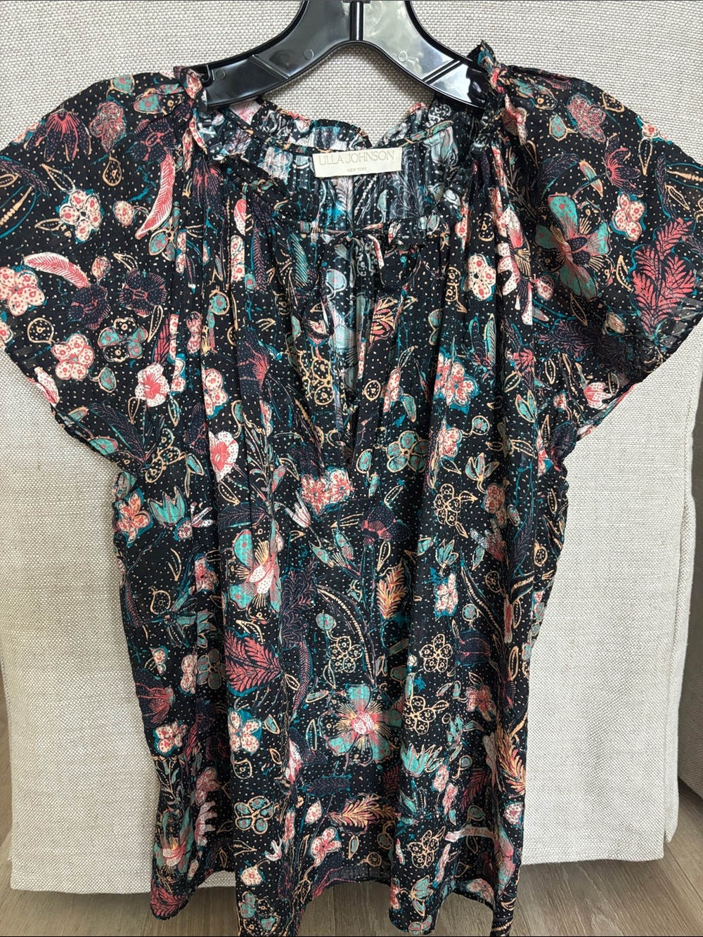 Ulla Johnson Floral Tie-Neck Blouse in Black Multi